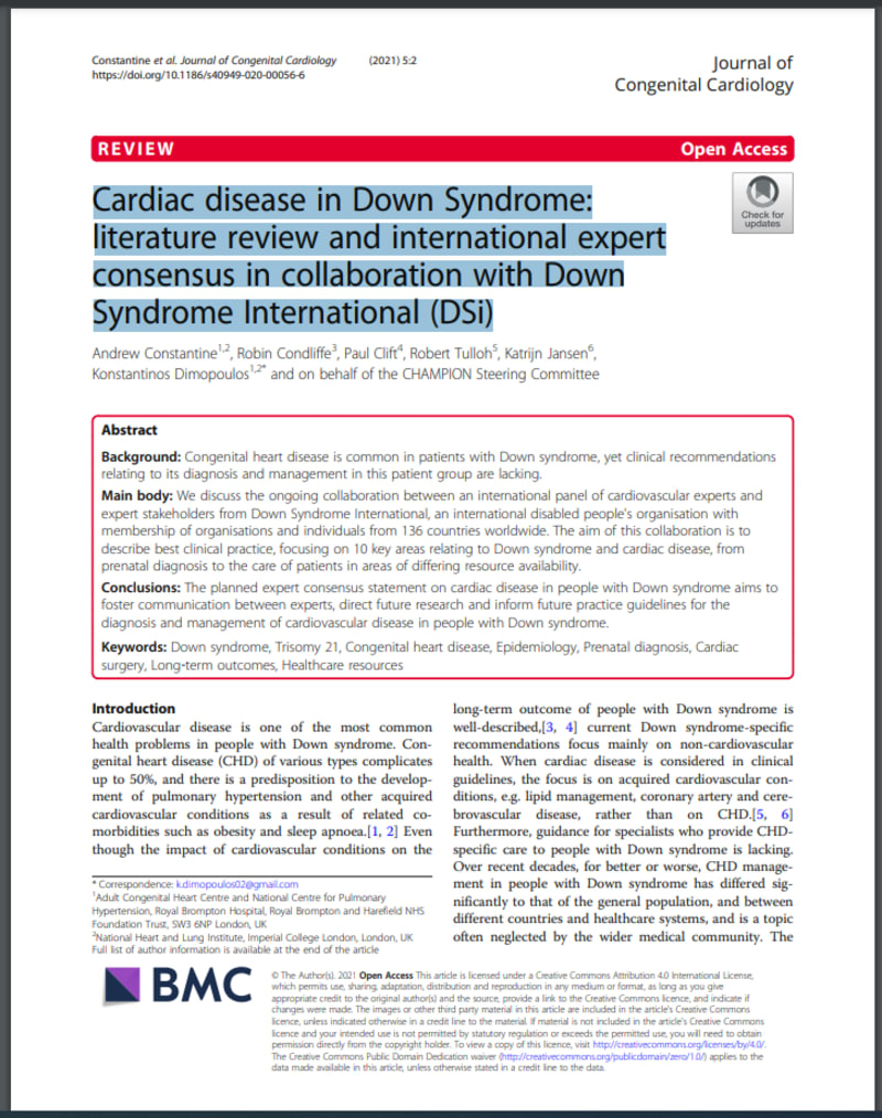 Cardiac disease in Down Syndrome: literature review and international expert consensus in collaboration with Down Syndrome International (DSi)